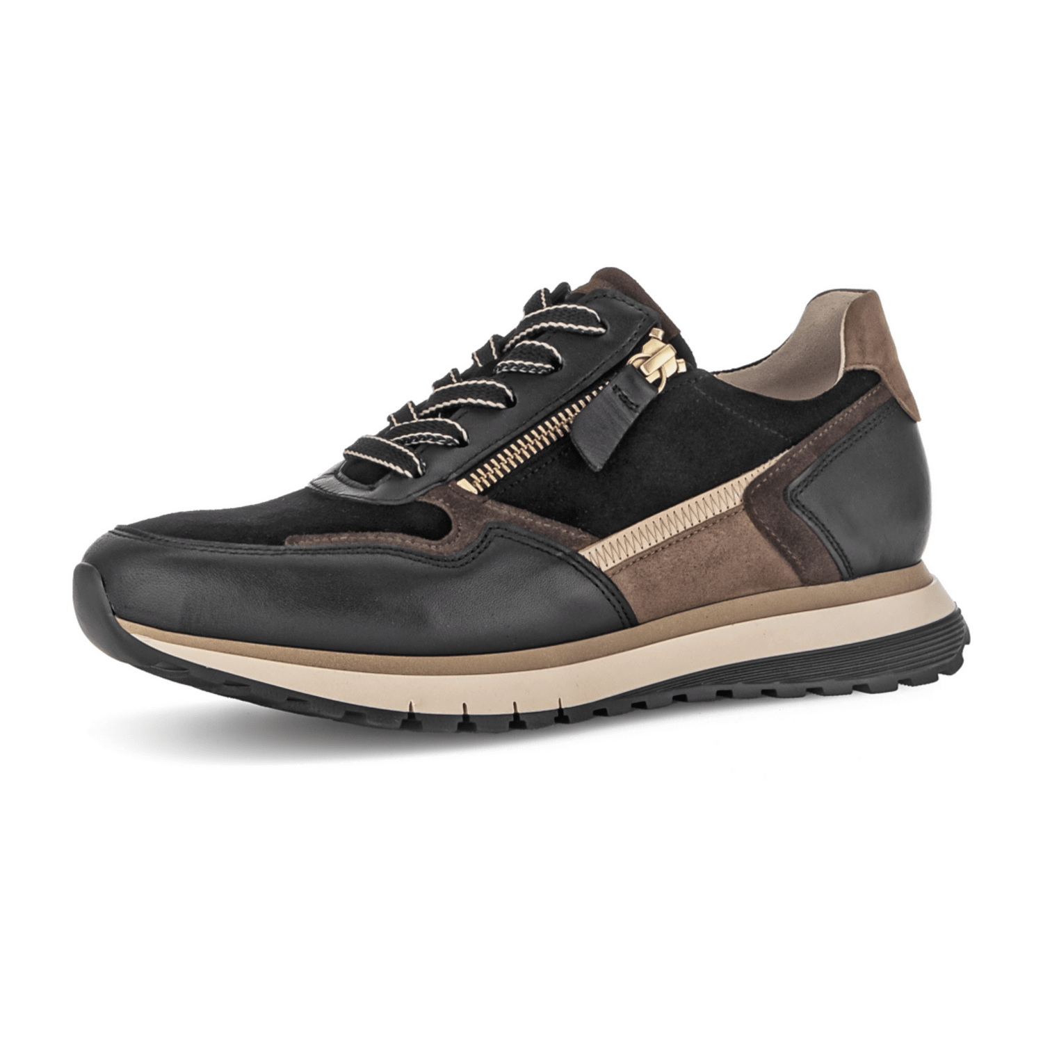 Gabor 76378-67 Schwarz/Whisky/Gold - sportlicher Schnürschuh - Damenschuhe Bequeme Schnürschuhe, Schwarz, leder/textil (samt/foulard/perl.) für Damen, schwarz, Größe 37 EU / 4 UK